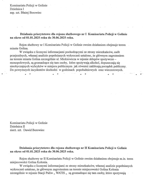 Działania priorytetowe dla rejonu służbowego nr I i II Komisariatu Policji w Golinie w I półroczu 2025 roku