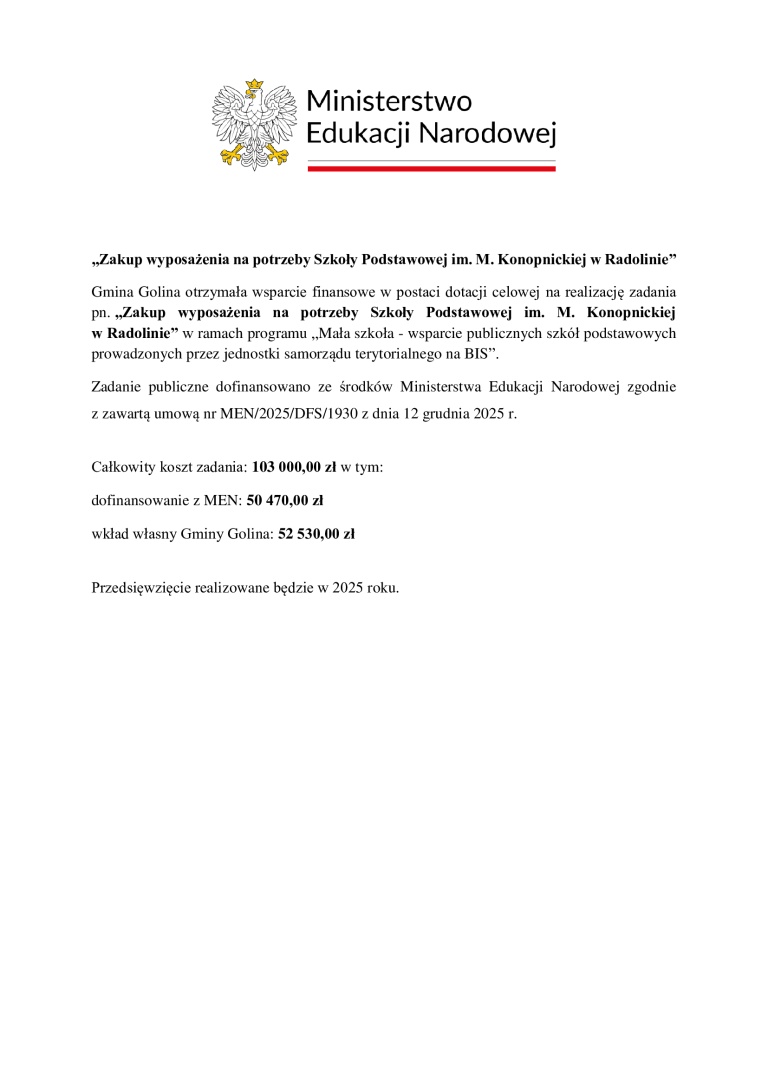 Zakup wyposażenia na potrzeby Szkoły Podstawowej im. M. Konopnickiej w Radolinie