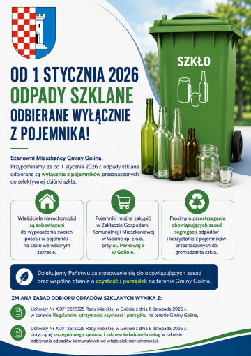 Przypominamy! Od 1 stycznia 2026 r. odpady szklane odbierane są wyłącznie z pojemników