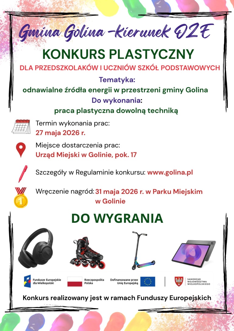 Ogłaszamy konkurs plastyczny dla przedszkolaków i uczniów szkół podstawowych pn. „Gmina Golina – kierunek OZE”, termin składania prac do 27 maja 2026 r.