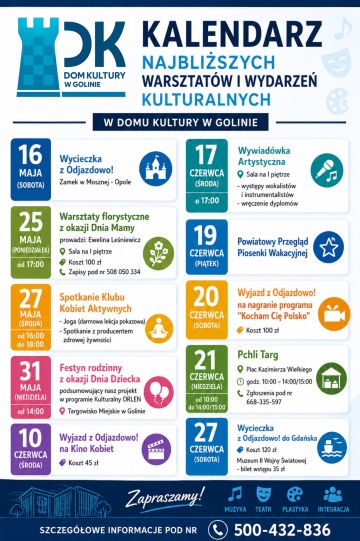 Dom Kultury w Golinie - kalendarz najbliższych warsztat&oacute;w i wydarzeń kulturalnych