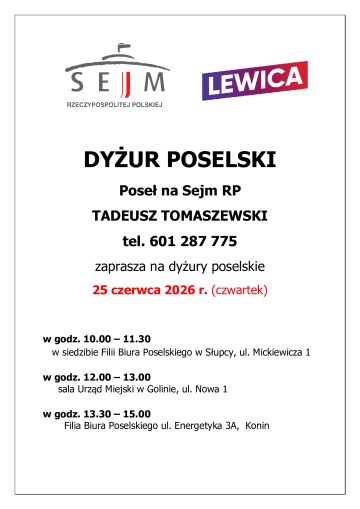 Dyżur Poselski Posła na Sejm RP Tadeusza Tomaszewskiego w Golinie, 25 czerwca 2026 r.