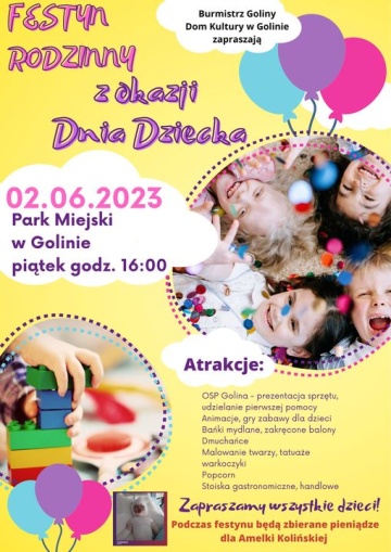 Zapraszamy na Festyn Rodzinny z okazji Dnia Dziecka 02.06.2023 r.