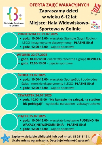 Oferta zajęć wakacyjnych Hala Widowiskowo-Sportowa - lipiec 2025