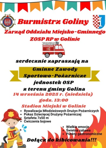 Zapraszamy na Gminne Zawody Sportowo-Pożarnicze jednostek OSP 14 września 2025 r. Stadion w Golinie