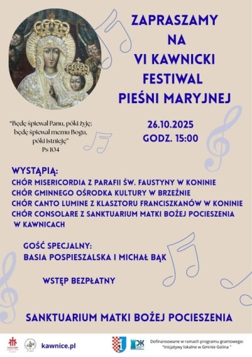 Zapraszamy na VI Festiwal Pieśni Maryjnej w Kawnicach 25 października 2025 r.