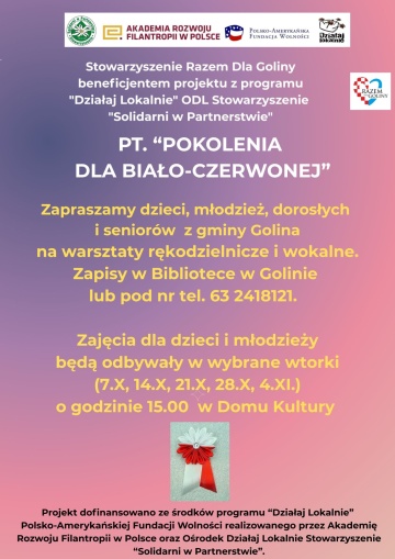 Zapraszamy ma warsztaty rękodzielnicze i wokalne w ramach projektu "POKOLENIA DLA BIAŁO-CZERWONEJ"